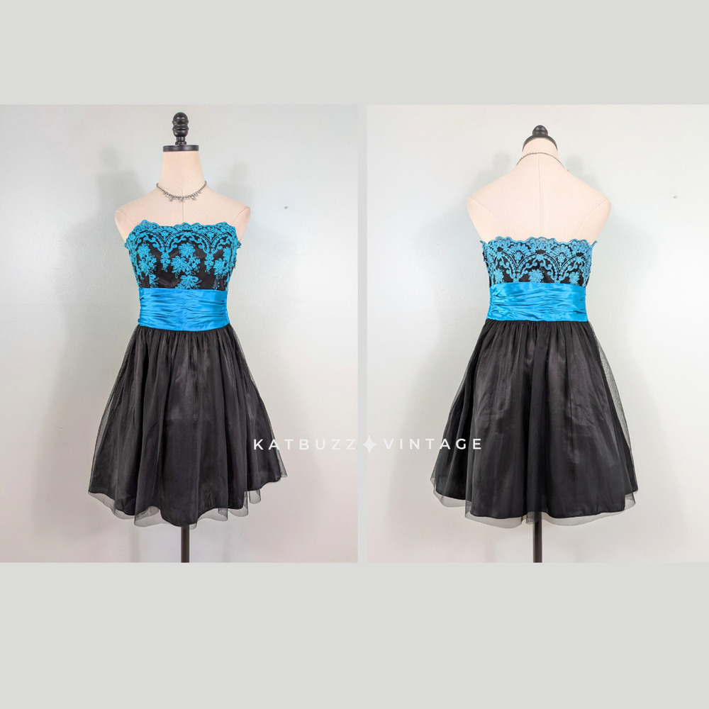 Vintage Prom Dress Mini Gown 8 Blue Black Y2K Hoco Lace Babydoll Glam Party